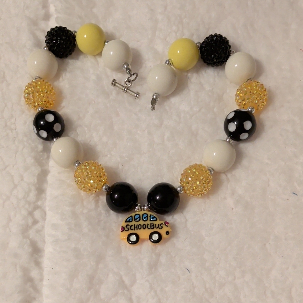 School Bus Beaded Kids Necklace - Yellow, Black, White
